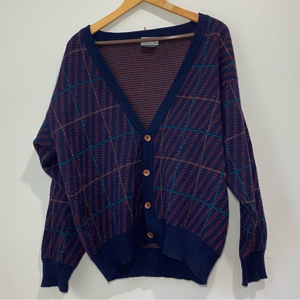 Vintage Club 901 Maison Blanche Burgundy and Navy Blue Merino Wool Cardigan